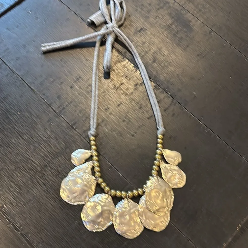 Kenneth Jay Lane Gold Beaded Satin Silver Statement Necklace Gray Fabric Tie​​​